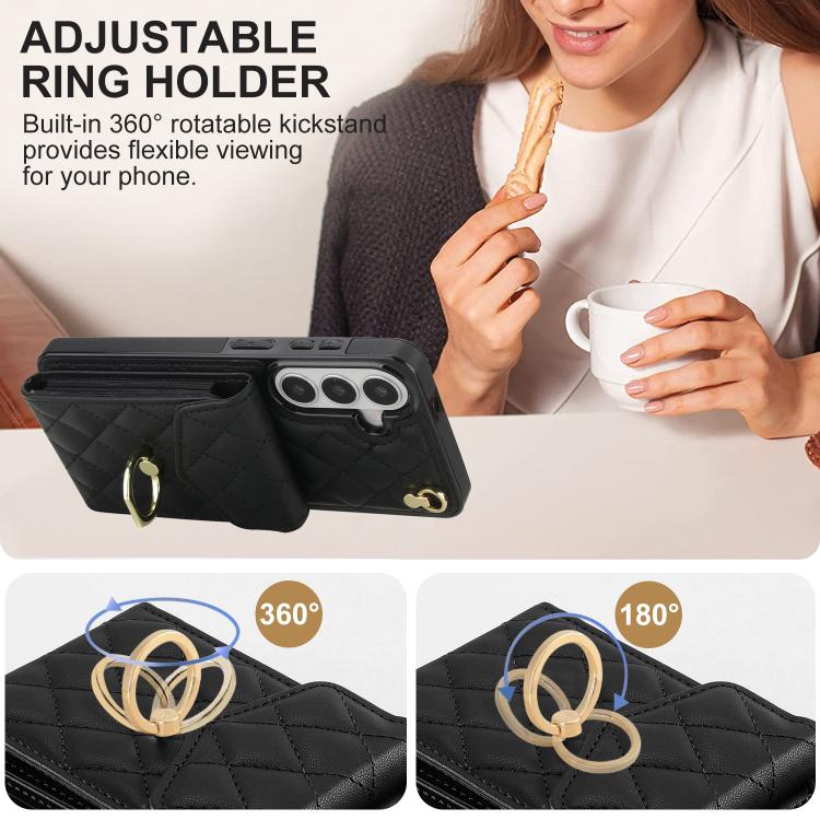 For Samsung Galaxy S26+ 5G Rhombic Texture Card Bag Phone Case with Long Lanyard