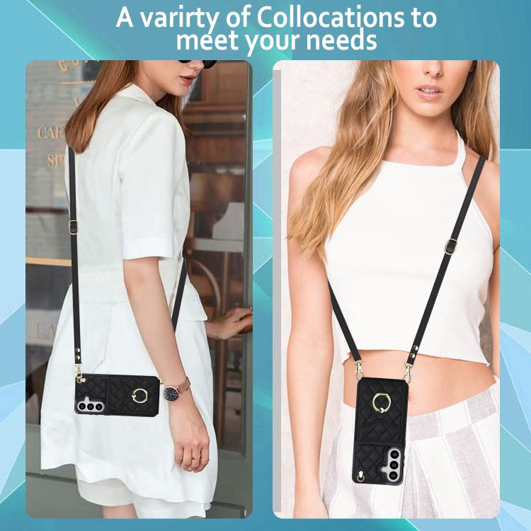 For Samsung Galaxy S26+ 5G Rhombic Texture Card Bag Phone Case with Long Lanyard