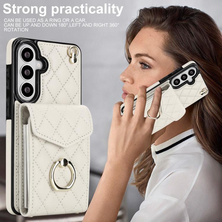 For Samsung Galaxy S26+ 5G Rhombic Texture Card Bag Phone Case with Long Lanyard