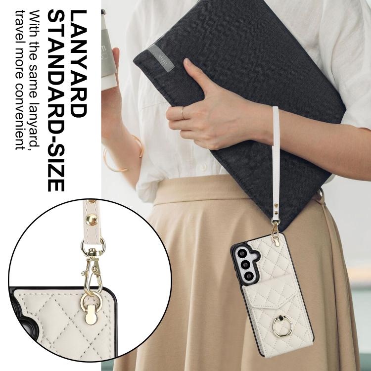 For Samsung Galaxy S26+ 5G Rhombic Texture Card Bag Phone Case with Long Lanyard
