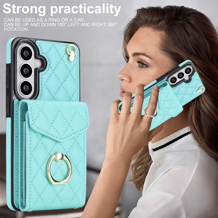 For Samsung Galaxy S26+ 5G Rhombic Texture Card Bag Phone Case with Long Lanyard