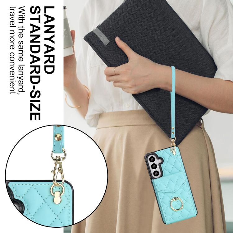 For Samsung Galaxy S26+ 5G Rhombic Texture Card Bag Phone Case with Long Lanyard
