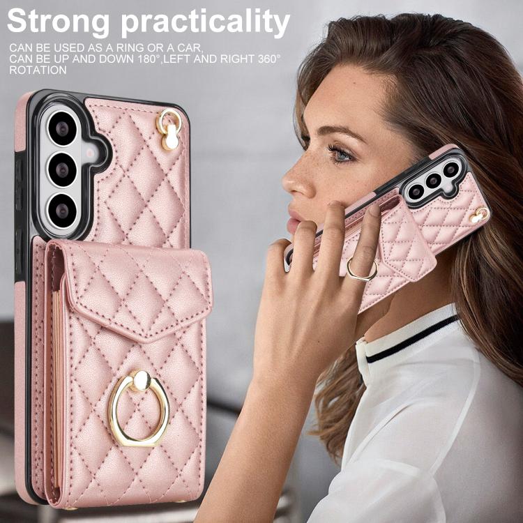 For Samsung Galaxy S26+ 5G Rhombic Texture Card Bag Phone Case with Long Lanyard