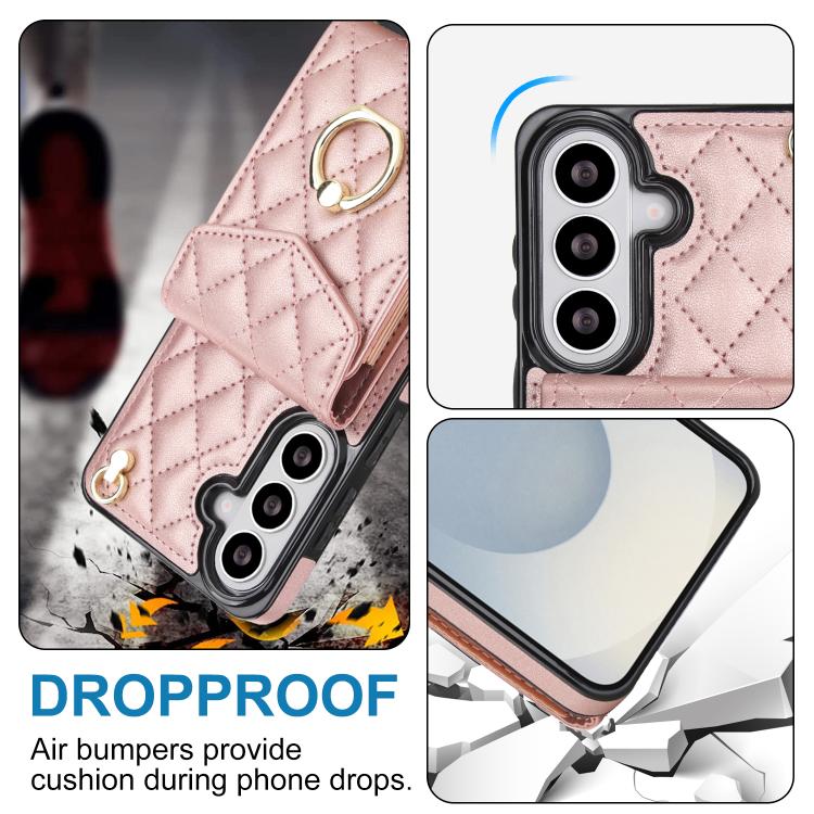 For Samsung Galaxy S26+ 5G Rhombic Texture Card Bag Phone Case with Long Lanyard