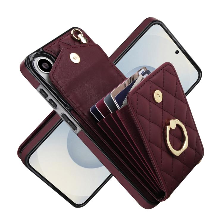 For Samsung Galaxy S26+ 5G Rhombic Texture Card Bag Phone Case with Long Lanyard