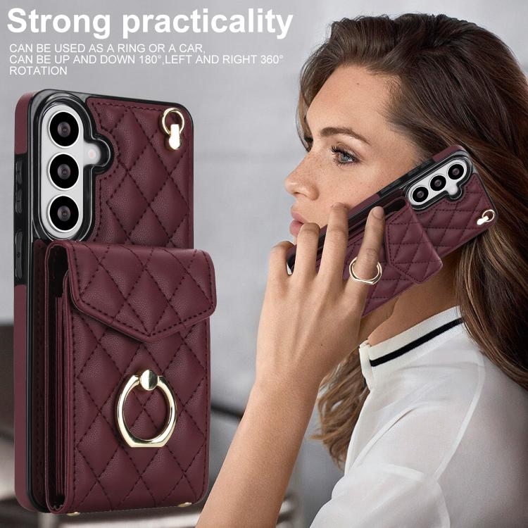 For Samsung Galaxy S26+ 5G Rhombic Texture Card Bag Phone Case with Long Lanyard