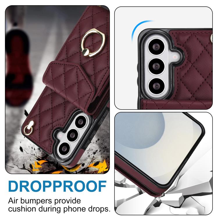 For Samsung Galaxy S26+ 5G Rhombic Texture Card Bag Phone Case with Long Lanyard