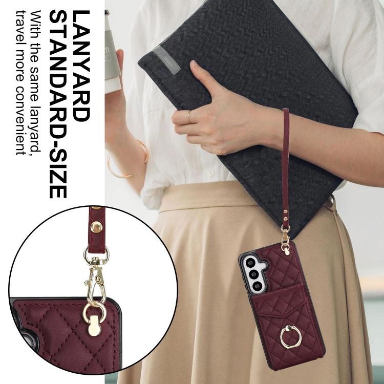 For Samsung Galaxy S26+ 5G Rhombic Texture Card Bag Phone Case with Long Lanyard