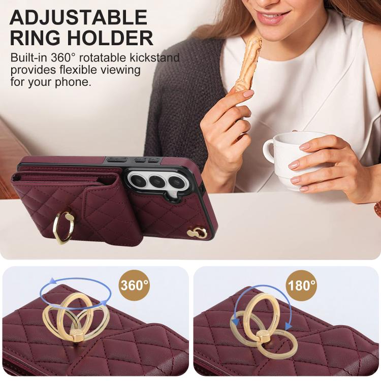 For Samsung Galaxy S26+ 5G Rhombic Texture Card Bag Phone Case with Long Lanyard