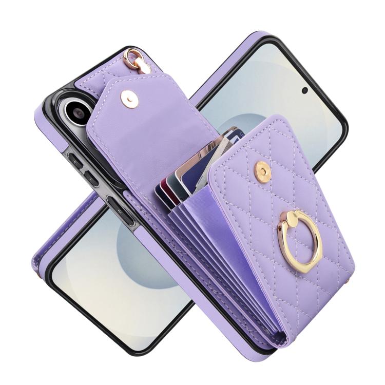 For Samsung Galaxy S26+ 5G Rhombic Texture Card Bag Phone Case with Long Lanyard