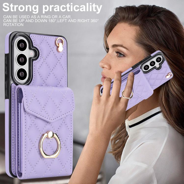 For Samsung Galaxy S26+ 5G Rhombic Texture Card Bag Phone Case with Long Lanyard