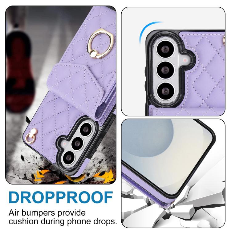 For Samsung Galaxy S26+ 5G Rhombic Texture Card Bag Phone Case with Long Lanyard