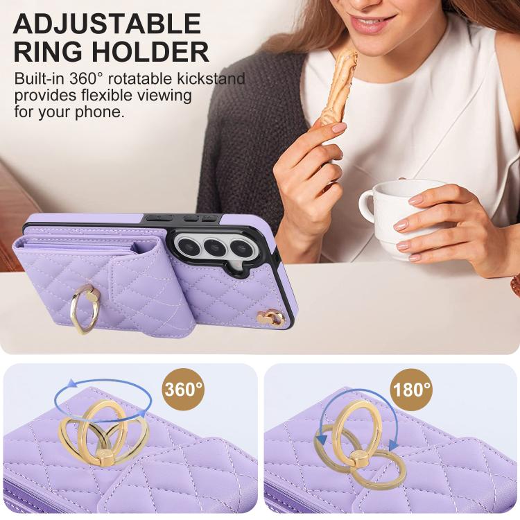 For Samsung Galaxy S26+ 5G Rhombic Texture Card Bag Phone Case with Long Lanyard