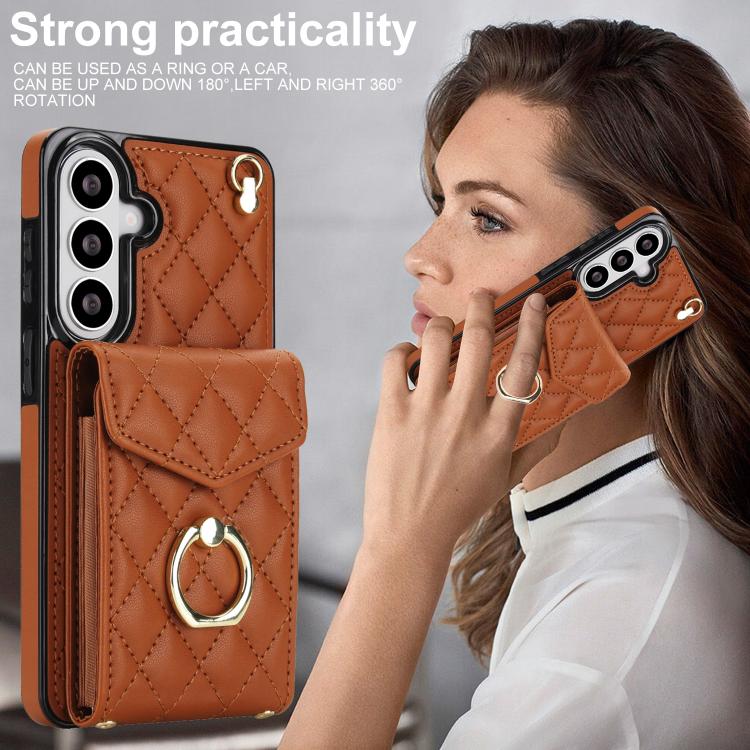 For Samsung Galaxy S26+ 5G Rhombic Texture Card Bag Phone Case with Long Lanyard