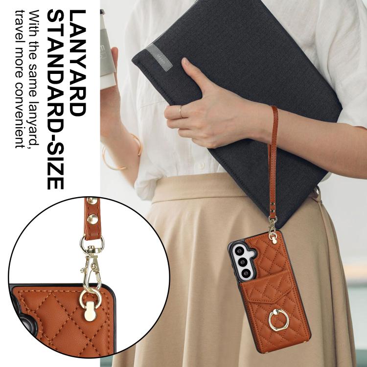 For Samsung Galaxy S26+ 5G Rhombic Texture Card Bag Phone Case with Long Lanyard