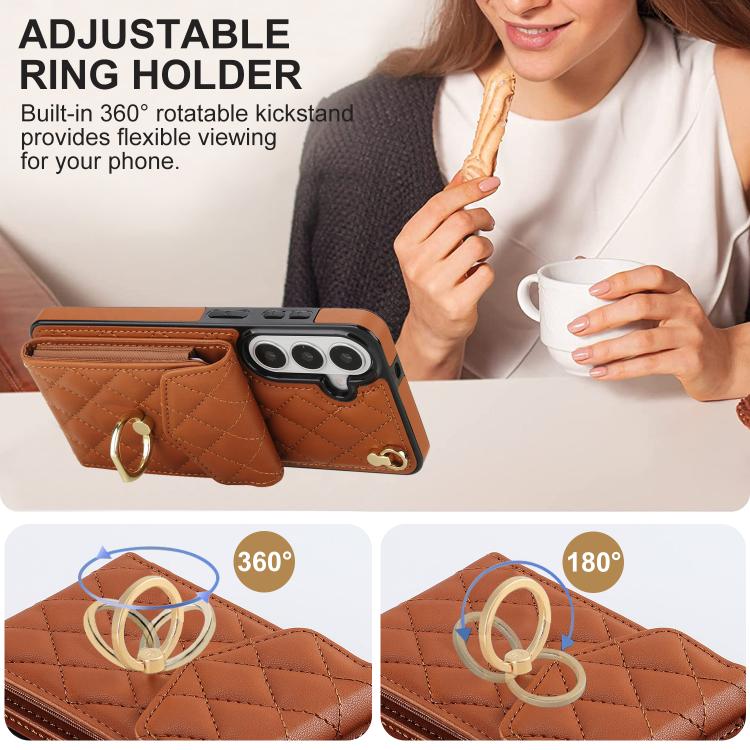 For Samsung Galaxy S26+ 5G Rhombic Texture Card Bag Phone Case with Long Lanyard