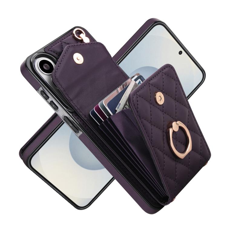 For Samsung Galaxy S26+ 5G Rhombic Texture Card Bag Phone Case with Long Lanyard
