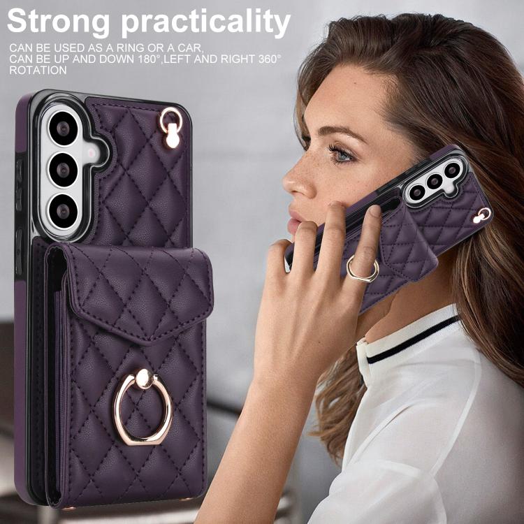 For Samsung Galaxy S26+ 5G Rhombic Texture Card Bag Phone Case with Long Lanyard
