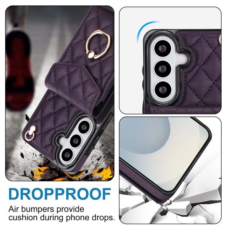 For Samsung Galaxy S26+ 5G Rhombic Texture Card Bag Phone Case with Long Lanyard