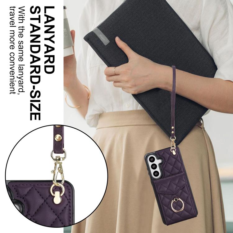 For Samsung Galaxy S26+ 5G Rhombic Texture Card Bag Phone Case with Long Lanyard
