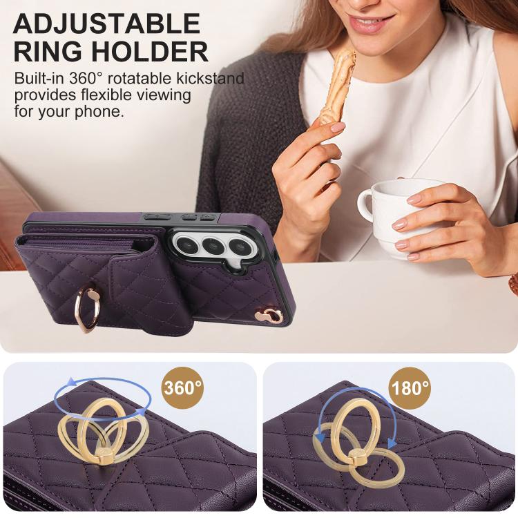 For Samsung Galaxy S26+ 5G Rhombic Texture Card Bag Phone Case with Long Lanyard