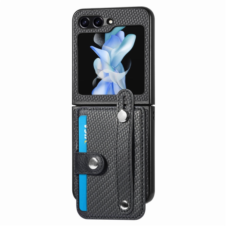 For Samsung Galaxy Z Flip5 Carbon Fiber Wristband Wallet Back Phone Case