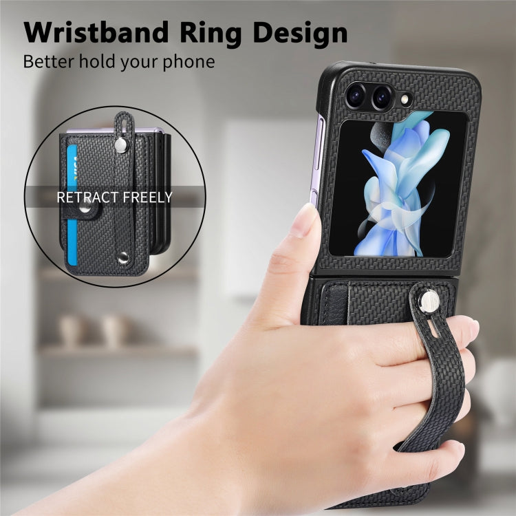 For Samsung Galaxy Z Flip5 Carbon Fiber Wristband Wallet Back Phone Case