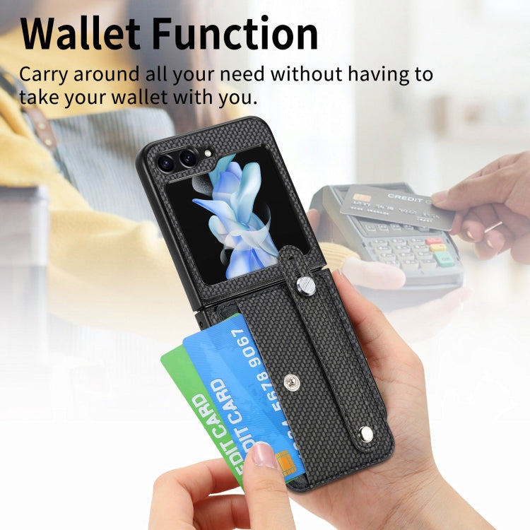 For Samsung Galaxy Z Flip5 Carbon Fiber Wristband Wallet Back Phone Case