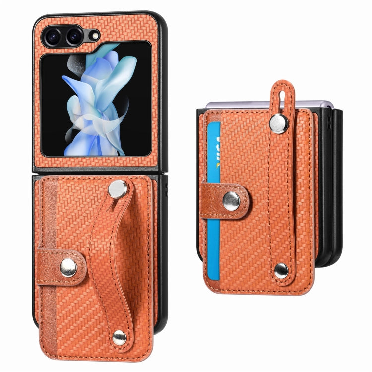 For Samsung Galaxy Z Flip5 Carbon Fiber Wristband Wallet Back Phone Case