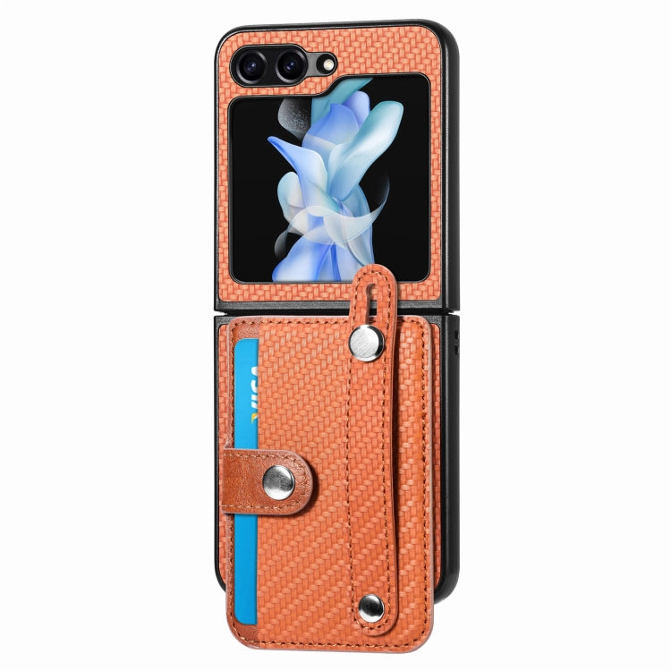 For Samsung Galaxy Z Flip5 Carbon Fiber Wristband Wallet Back Phone Case
