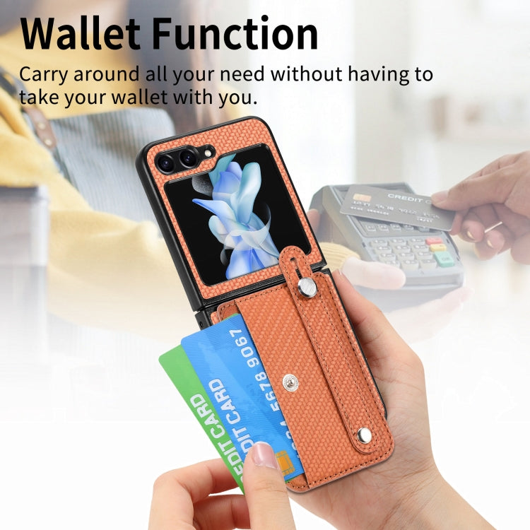 For Samsung Galaxy Z Flip5 Carbon Fiber Wristband Wallet Back Phone Case