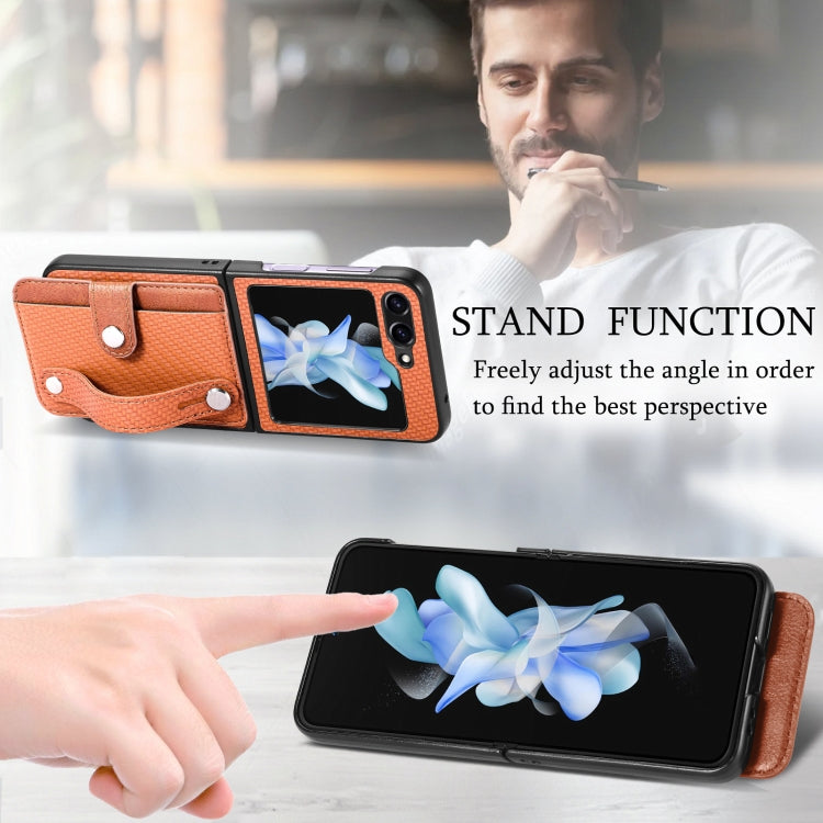 For Samsung Galaxy Z Flip5 Carbon Fiber Wristband Wallet Back Phone Case