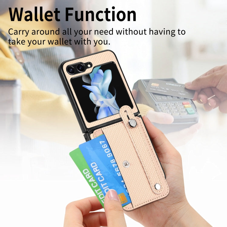 For Samsung Galaxy Z Flip5 Carbon Fiber Wristband Wallet Back Phone Case