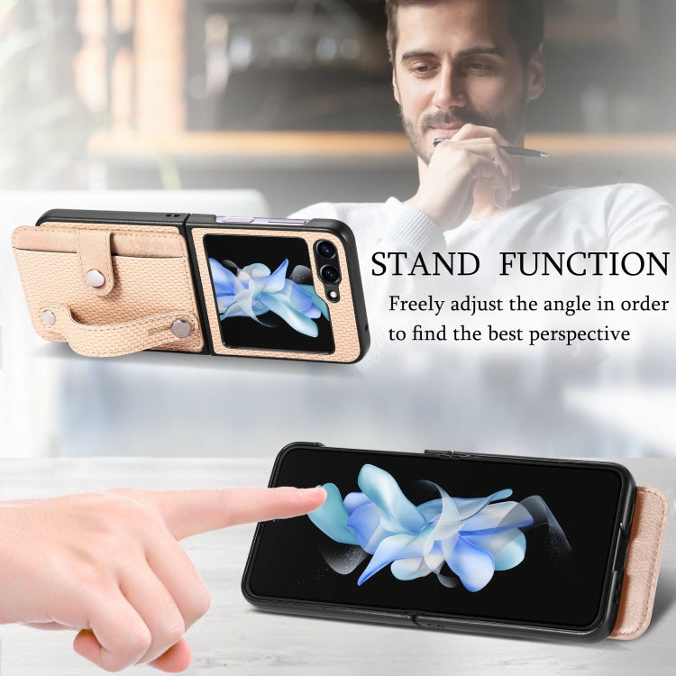 For Samsung Galaxy Z Flip5 Carbon Fiber Wristband Wallet Back Phone Case
