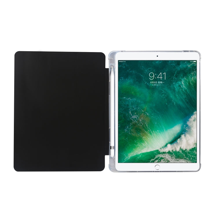 For iPad 9.7(2018)/(2017)/Air 2/Air 3-folding Electric Pressed Skin Texture Horizontal Flip Shockproof Transparent TPU + PU Leather Case with Holder & Pen Slot & Sleep / Wake-up Function