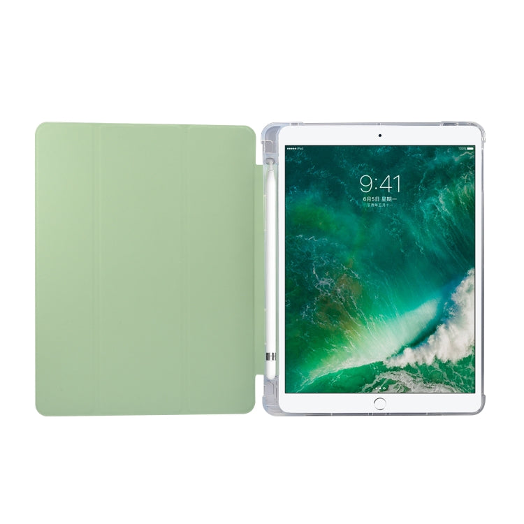 For iPad 9.7(2018)/(2017)/Air 2/Air 3-folding Electric Pressed Skin Texture Horizontal Flip Shockproof Transparent TPU + PU Leather Case with Holder & Pen Slot & Sleep / Wake-up Function