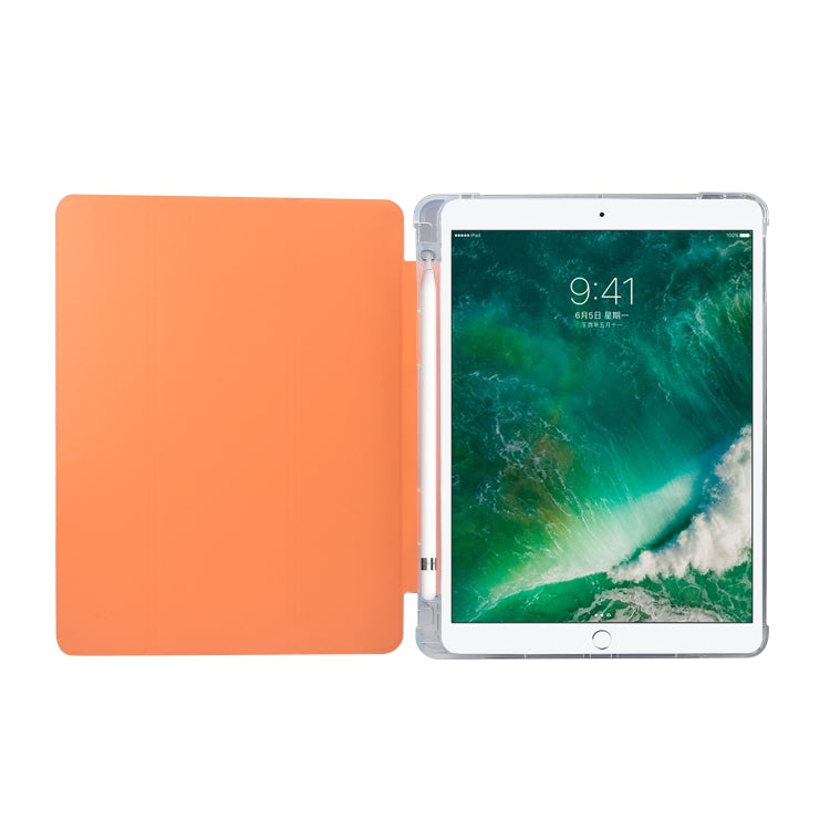For iPad 9.7(2018)/(2017)/Air 2/Air 3-folding Electric Pressed Skin Texture Horizontal Flip Shockproof Transparent TPU + PU Leather Case with Holder & Pen Slot & Sleep / Wake-up Function