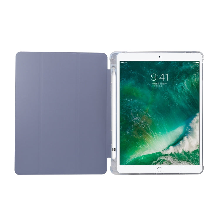 For iPad 9.7(2018)/(2017)/Air 2/Air 3-folding Electric Pressed Skin Texture Horizontal Flip Shockproof Transparent TPU + PU Leather Case with Holder & Pen Slot & Sleep / Wake-up Function