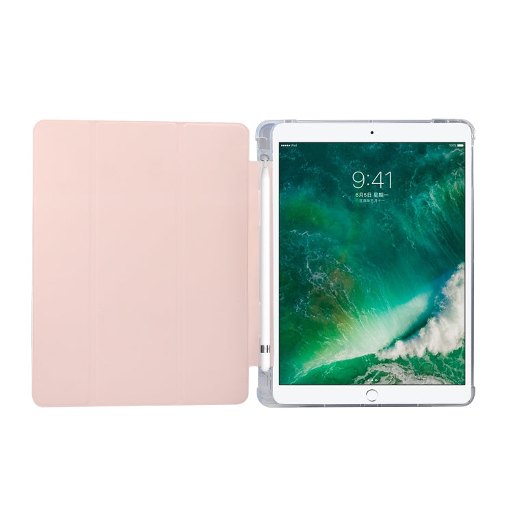 For iPad 9.7(2018)/(2017)/Air 2/Air 3-folding Electric Pressed Skin Texture Horizontal Flip Shockproof Transparent TPU + PU Leather Case with Holder & Pen Slot & Sleep / Wake-up Function