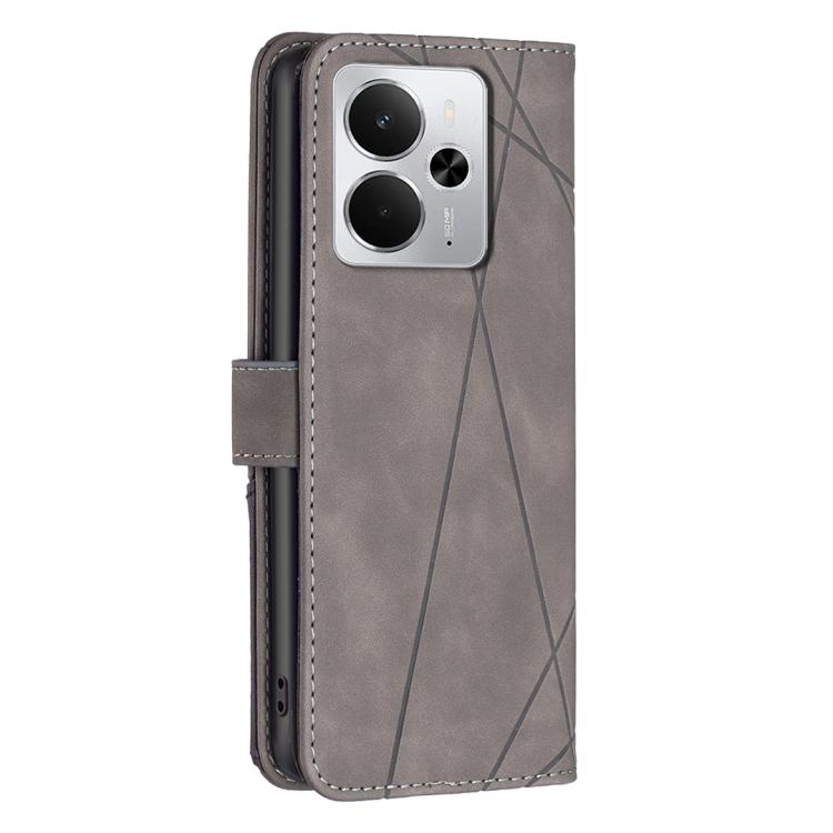 For Realme 14 5G Global Magnetic Buckle Rhombus Texture Leather Phone Case