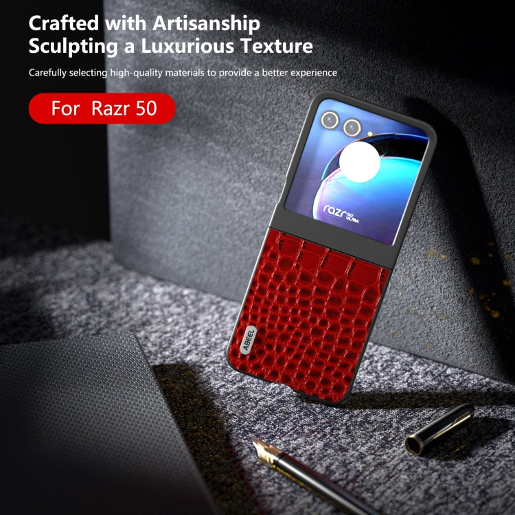 For Motorola Razr 50 ABEEL Genuine Leather Crocodile Pattern Black Edge Phone Case
