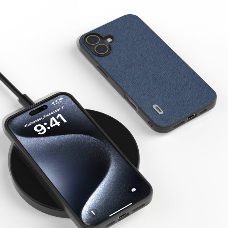 For iPhone 16 ABEEL Genuine Leather + PC Litchi Texture Phone Case
