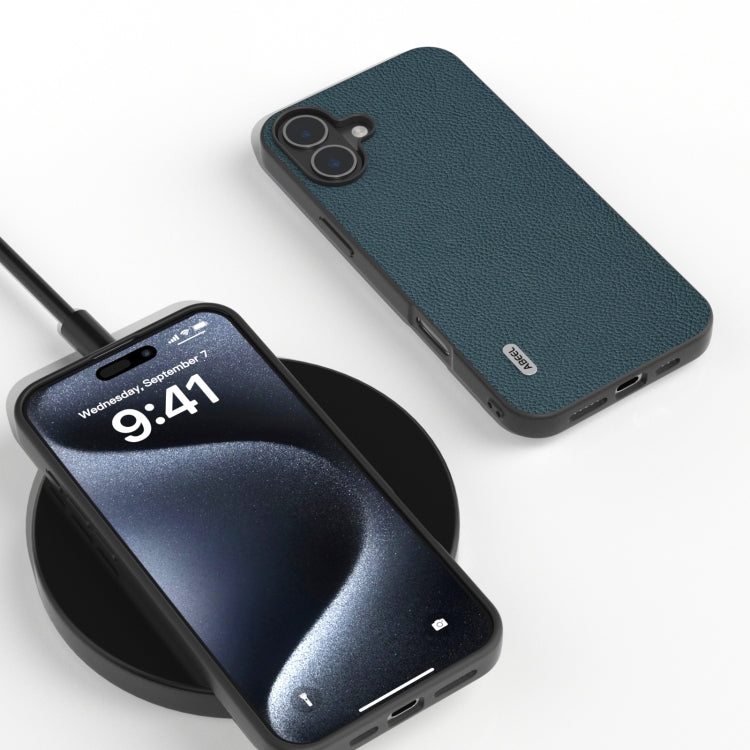 For iPhone 16 ABEEL Genuine Leather + PC Litchi Texture Phone Case