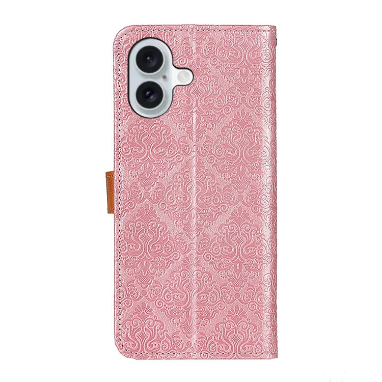 For iPhone 16 European Floral Embossed Leather Phone Case
