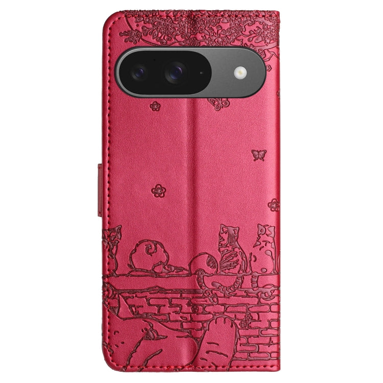 For Google Pixel 9 / 9 Pro Cat Embossing Pattern Leather Phone Case with Lanyard