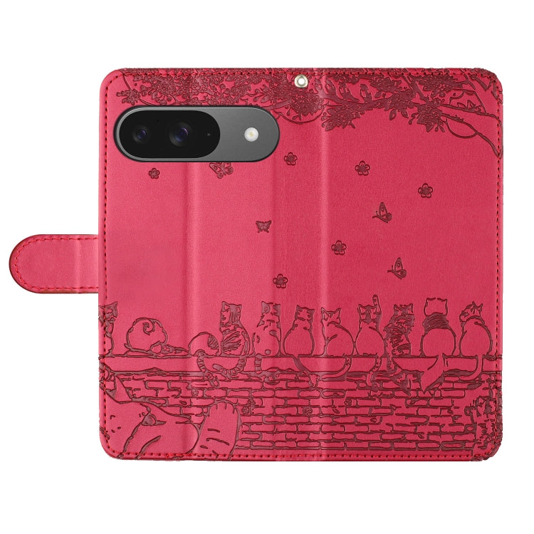 For Google Pixel 9 / 9 Pro Cat Embossing Pattern Leather Phone Case with Lanyard