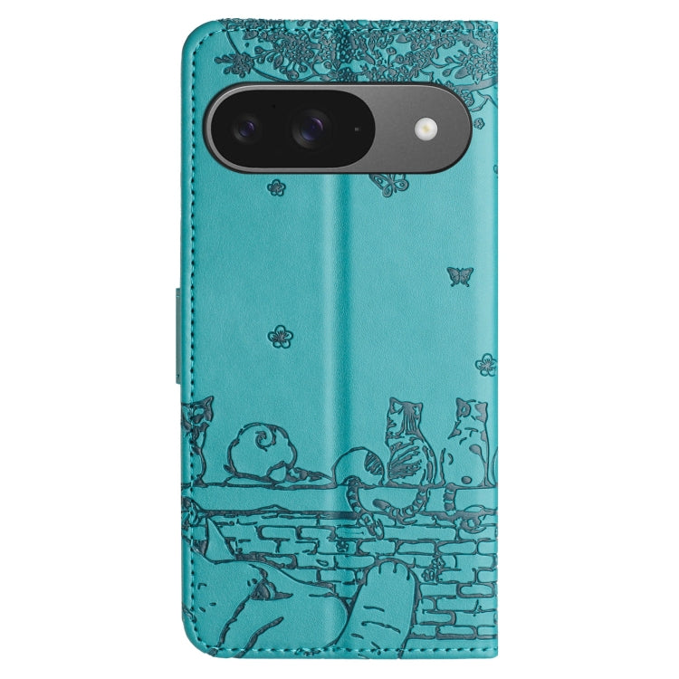 For Google Pixel 9 / 9 Pro Cat Embossing Pattern Leather Phone Case with Lanyard