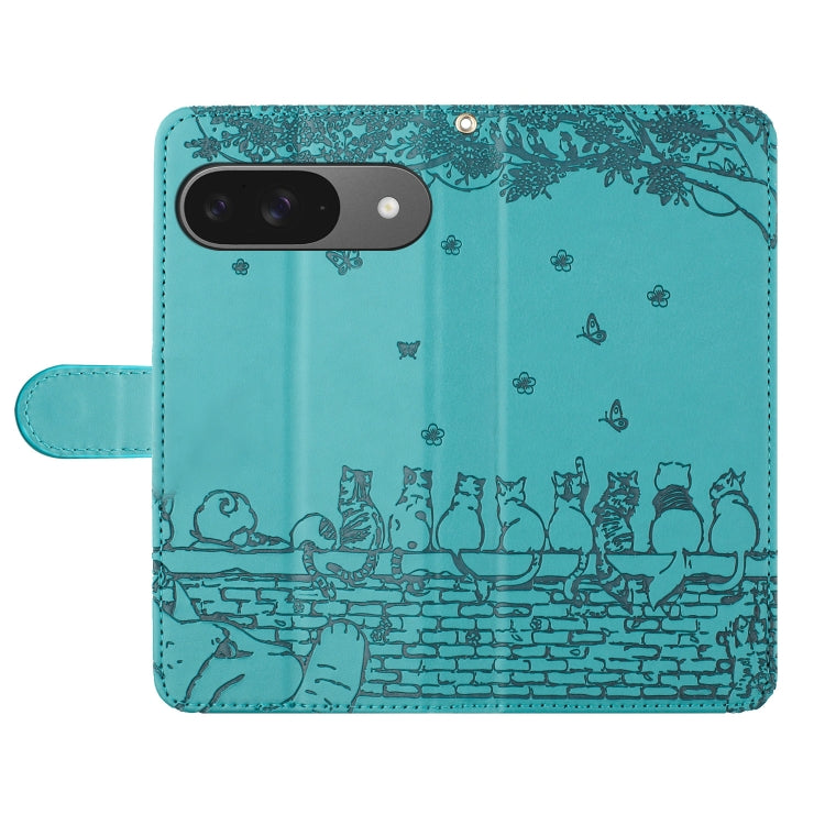 For Google Pixel 9 / 9 Pro Cat Embossing Pattern Leather Phone Case with Lanyard