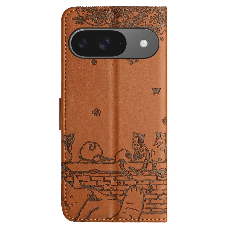 For Google Pixel 9 / 9 Pro Cat Embossing Pattern Leather Phone Case with Lanyard