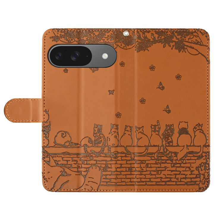 For Google Pixel 9 / 9 Pro Cat Embossing Pattern Leather Phone Case with Lanyard